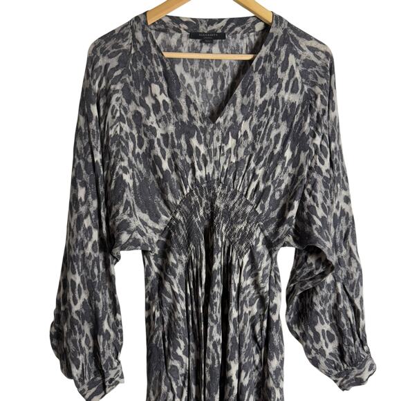 All Saints Nichola Gray Leopard Animal V-Neck Handkerchief Mini Dress Size M - Picture 6 of 15